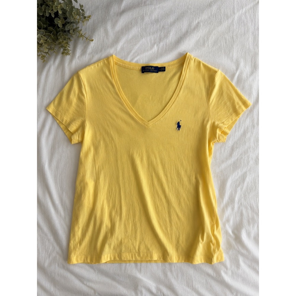 Polo Ralph Lauren Womens V-Neck T-Shirt Yellow Short Sleeve Cotton Pony Logo M